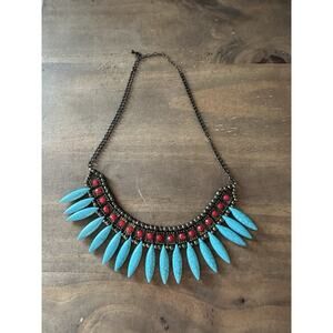 Vintage Boho Tribal Statement Necklace Faux Turquoise Red Beads